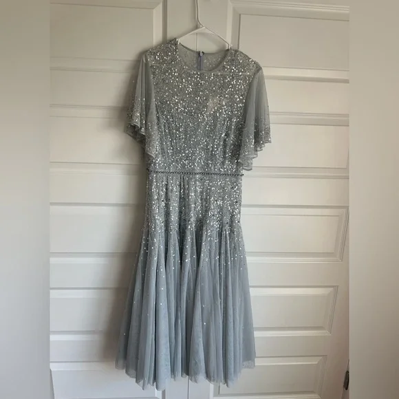 beige bridesmaid dresses with sleeves Mac Duggal Short Sleeve Beaded Trim Boucle Midi Dress - Blue Multi